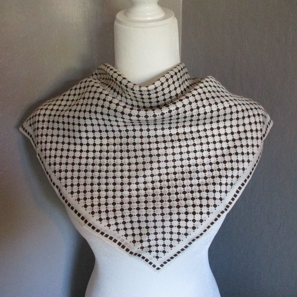 Vintage Cream and Brown Geometric Silk Scarf